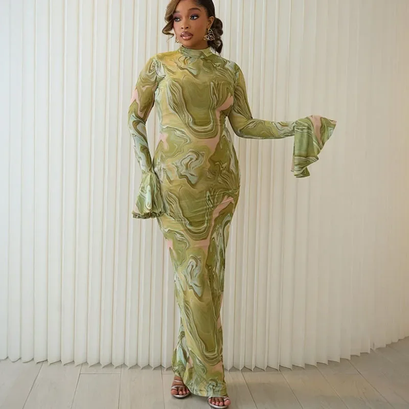 Sexy Printing Sheer Mesh Maxi Dress Women Flare Sleeve Sheath Slim Stretchy Party Club Long Dresses Vacation Vestidos Largos - view 4