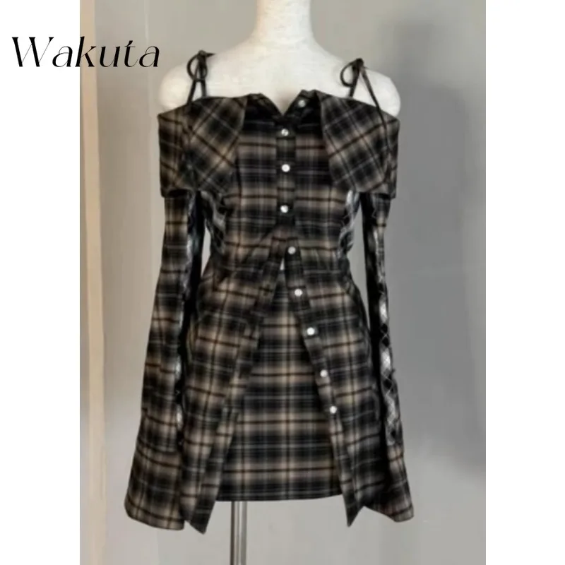 WAKUTA Japanese Niche Pure Desire Strapless Straps One-shoulder Plaid Vestidos Casual Sweet Shirt Lady Mini Dresses فساتين ٢٠٢٢