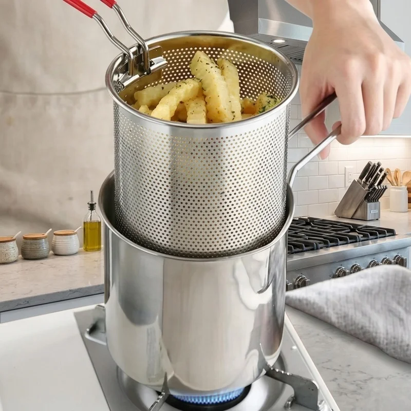 Stainless Steel Fryer Pot with Filter Screen for French Fries Chicken Wings Mini Deep Fryer Oil Strainer Kitchen Cooking Tool