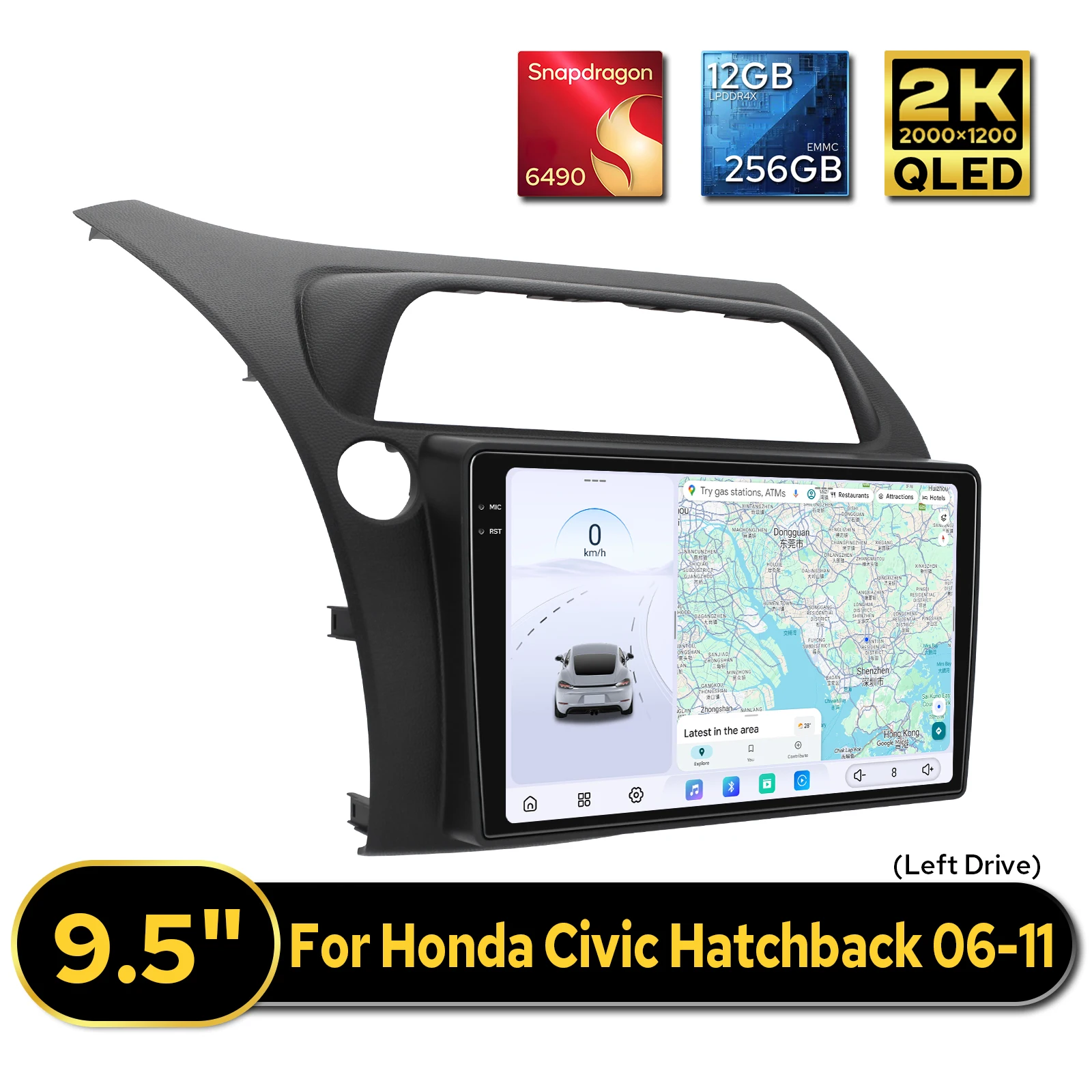JOYING - Autoestéreo de 9.5 Pulgadas, 12 GB, 256 GB para Honda Civic Hatchback 2006-2011, LHD, Bluetooth Dual, Entrada/Salida HDMI, USB Tipo C