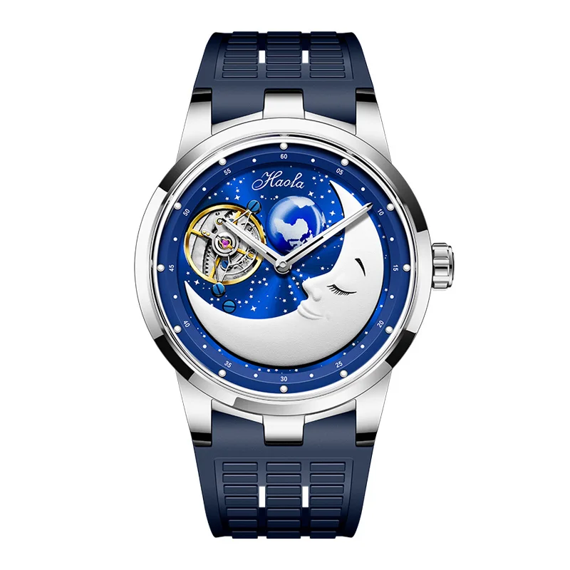 Haufa Carousel Movement 3D Romantic Moon Starry Sky Dial Manual Winding Mechanical Men Watch 30m Waterproof Business Casual 1953