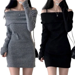 Black Knitted Mini Dress off Shoulder Long Sleeve Dresses Show off Your Collarbone