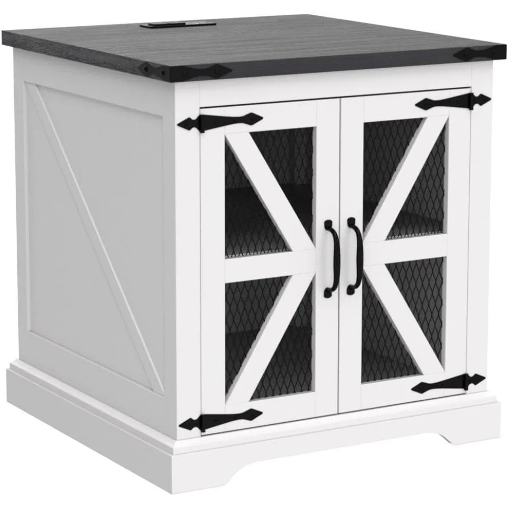 Rural Style Wooden Square Bedside Table, Sofa Side Table with Charging Station, Mesh Barn Door,and Adjustable Storage Rack,White