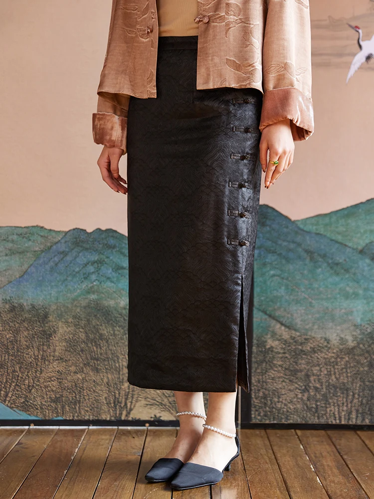 

Шелковая юбка средней длины с узором «Морская волна», женская, с высокой талией, на хлопковой подкладке, универсальная, в китайском стиле