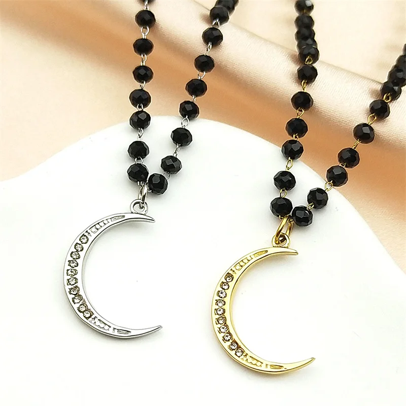 

Elegant Crescent Moon Pendant Necklace Women Men Stainless Steel Silver Color Rhinestone Hiphop Unisex Chain Jewelry Accessory