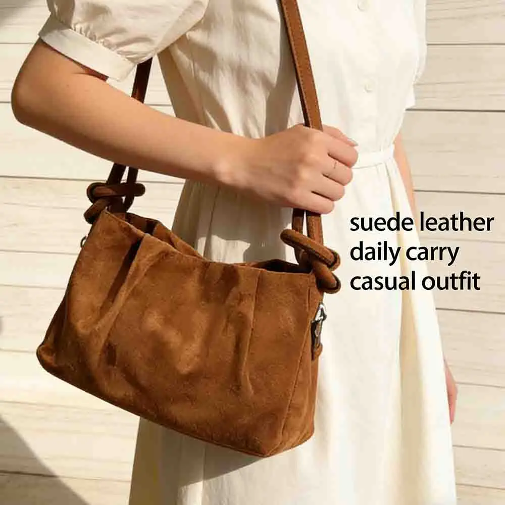Crossbody Bag Shoulder Purse Suede Leather Tote Knotted Ruffled Handle Fashion Handbag Solid Color Vintage Ladies Gift