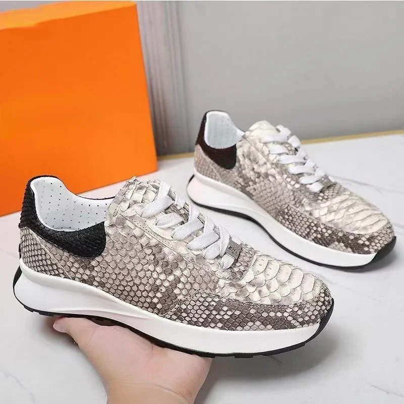 Snake Skin Sneakers Men's Genuine Leather Soft Lightweight Sports Leisure Shoes High-end Luxury Fashion Lace-Up Men Casual Shoes