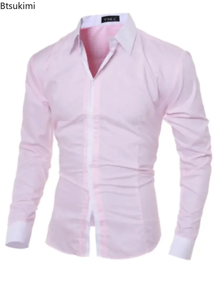 2025 Spring Autumn Dress Shirts for Men Fashion Patchwork Formal Business Social Long Sleeve Shirt Male Slim Casual Office Shirt