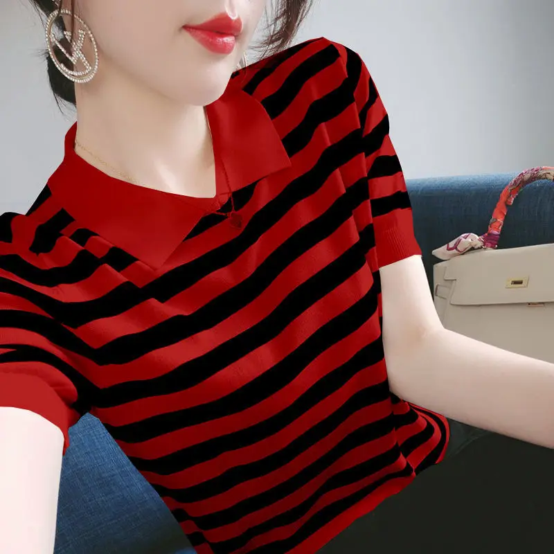 Fashion Lapel Printed Striped Oversized Knitted Shirt 2022 Summer New Commute Pullovers Loose Casual Women\'s Clothing Blouse