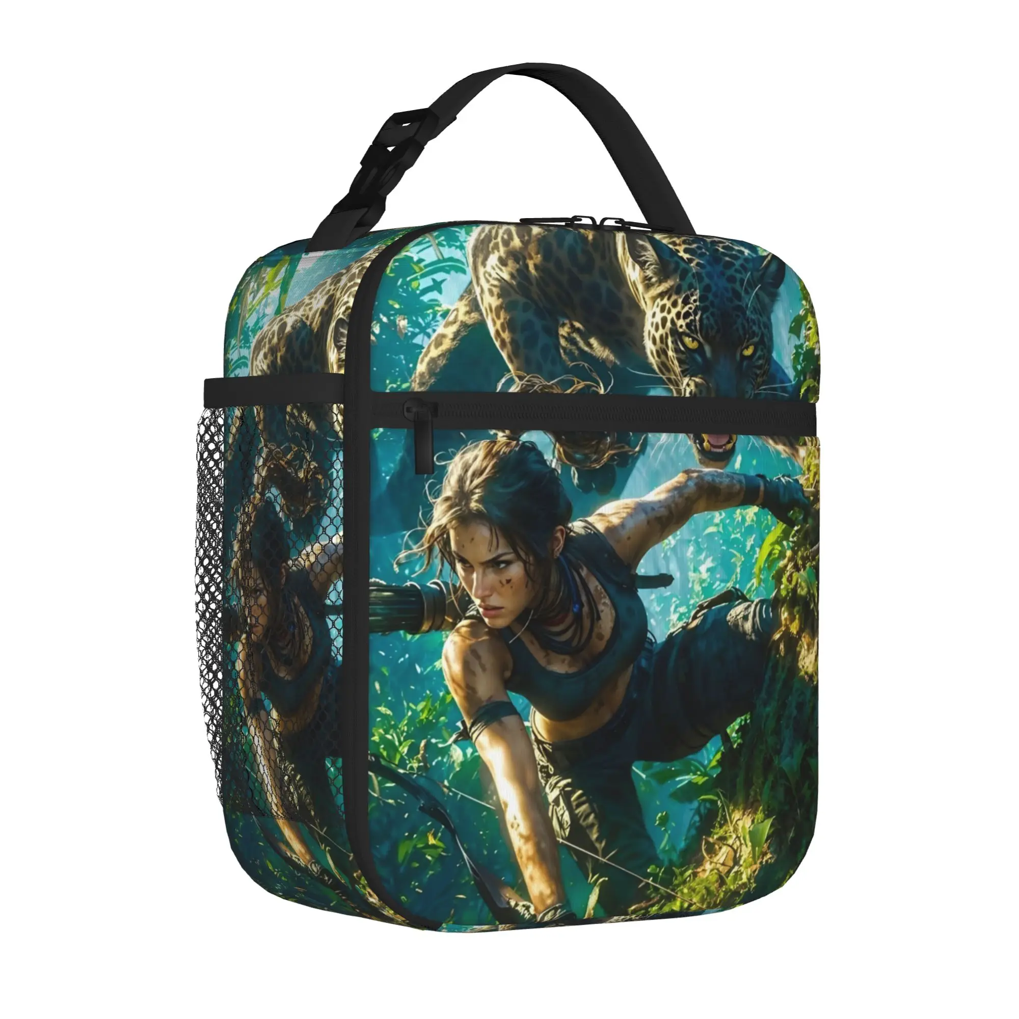Tomb-Raider Lara Croft Insulated Lunch Tote Bag for School Office Survival Video Game Portable Thermal Cooler Washable Food Bag