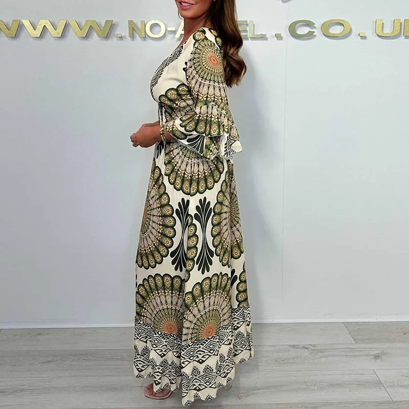 봄 여성의 높은 허리 Boho 드레스 새로운 레트로 인쇄 v-목 휴가 드레스 여름 패션 나비 슬리브 느슨한 통근 드레스