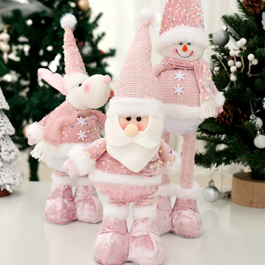 1pc Christmas pink doll, pink doll with sequined telescopic legs, family holiday decoration, table ornament, Christmas gift