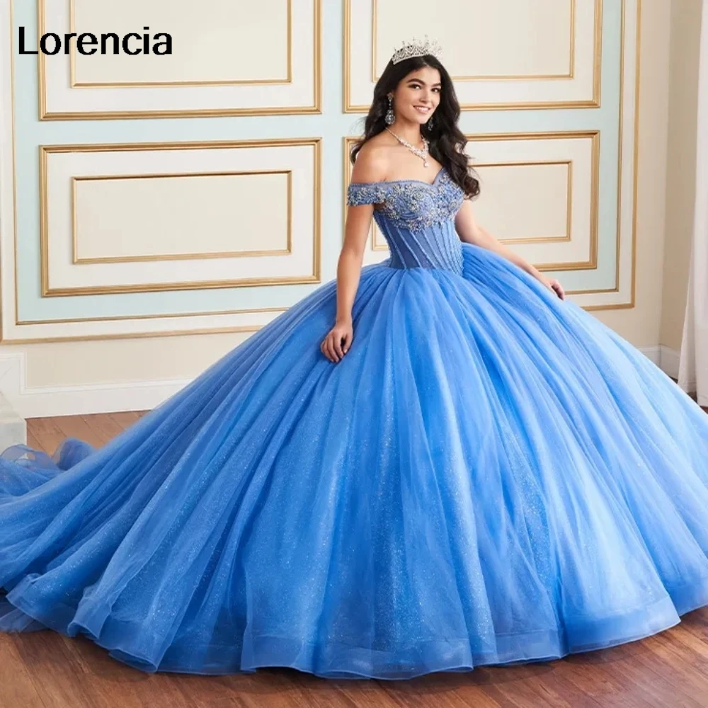 Lorencia Sparkly Blue Quinceanera Dress Ball Gown Sequins Applique Beading Mexican Corset Sweet 16 Vestidos De 15 Años YQD993