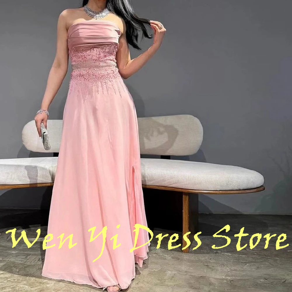 Pink Chiffon luxury Lace Sequined Appliques Vestido De Festa Strapless Floor Length Straight Saudi Arabia 2024 Evening Dresses