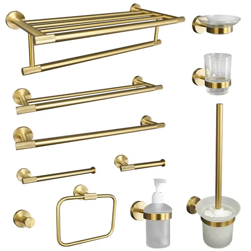 Brushed gold cross-border 304 stainless steel towel rack towel bar paper towel toilet brush rack shelf bathroom accessories set