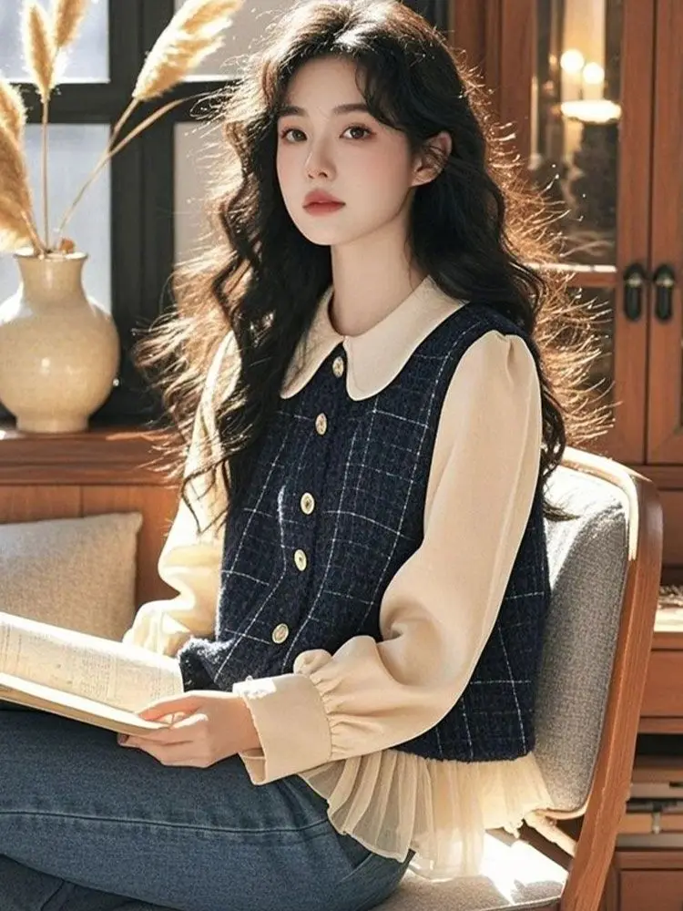 

Fashion Vintage Shirts Fake Two Piece Plaid Patchwork Peter Pan Collar Ruffles Blouses 2025 Tops Design Loose Women's Clothing