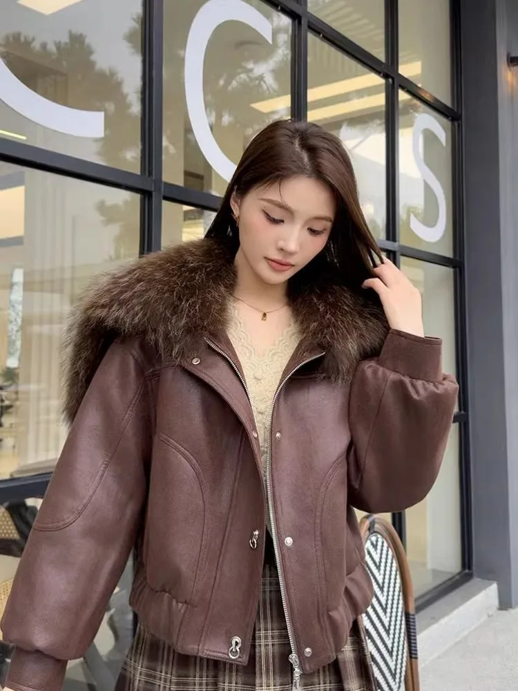 Women Artificial Faux Leather Winter Fashion Down Coat Luxury Raccoon Fur Collar Zip Casual High Street Designer Warm Short Coat