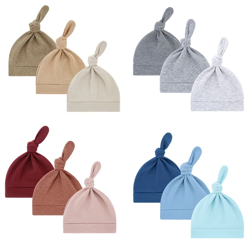 

3Pcs/lot Newborn Baby Hat for Boys Girls Solid Color Cotton Knotted Beanie Simple Infant Hats Single Layer New Born Accessories