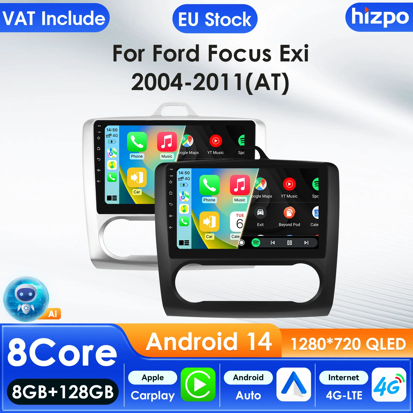 Hizpo 2Din Android 15 Auto-Multimedia-Player für Ford Focus Exi 2004-2010 GPS Carplay 4G KI-Intelligenter Bildschirm Autoradio 360°-Kamera 9-Zoll-Auto-Intelligenter Bildschirm QLED-Display
