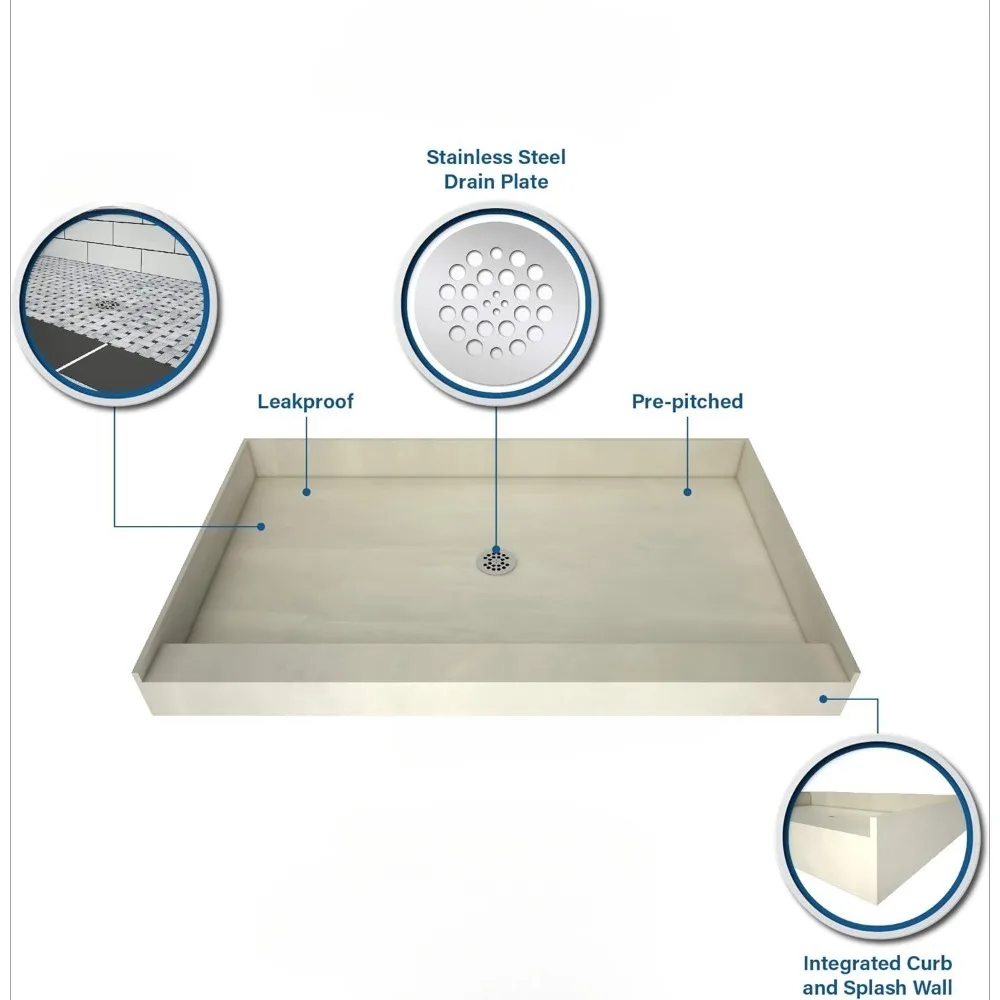 Shower Pan with Right Drain- Single Curb Shower Base,  Drain, and Plate Included, 60