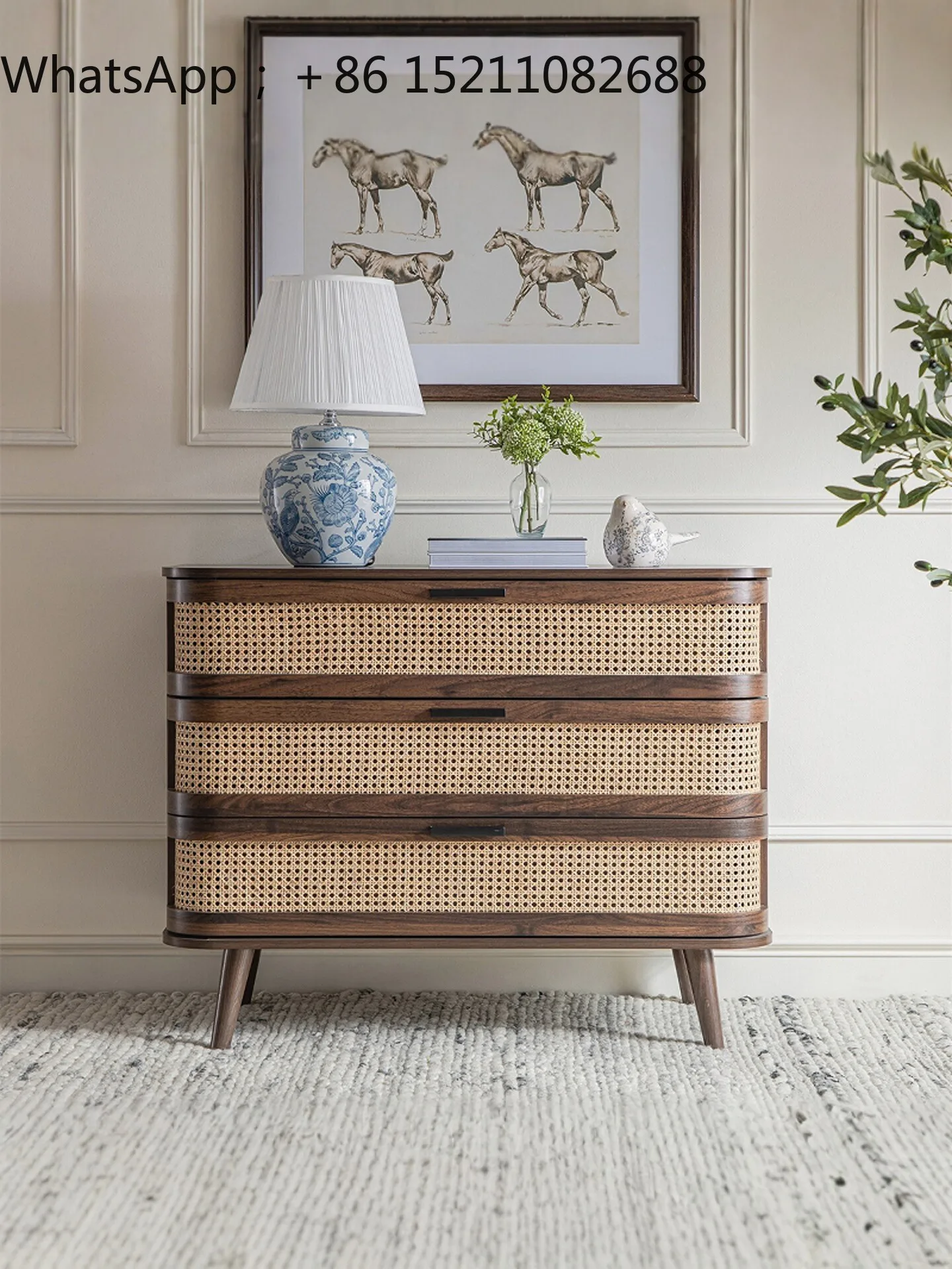 LLY medieval solid wood rattan three-bucket cabinet walnut bedroom bedside cabinet retro home storage drawer cabinet