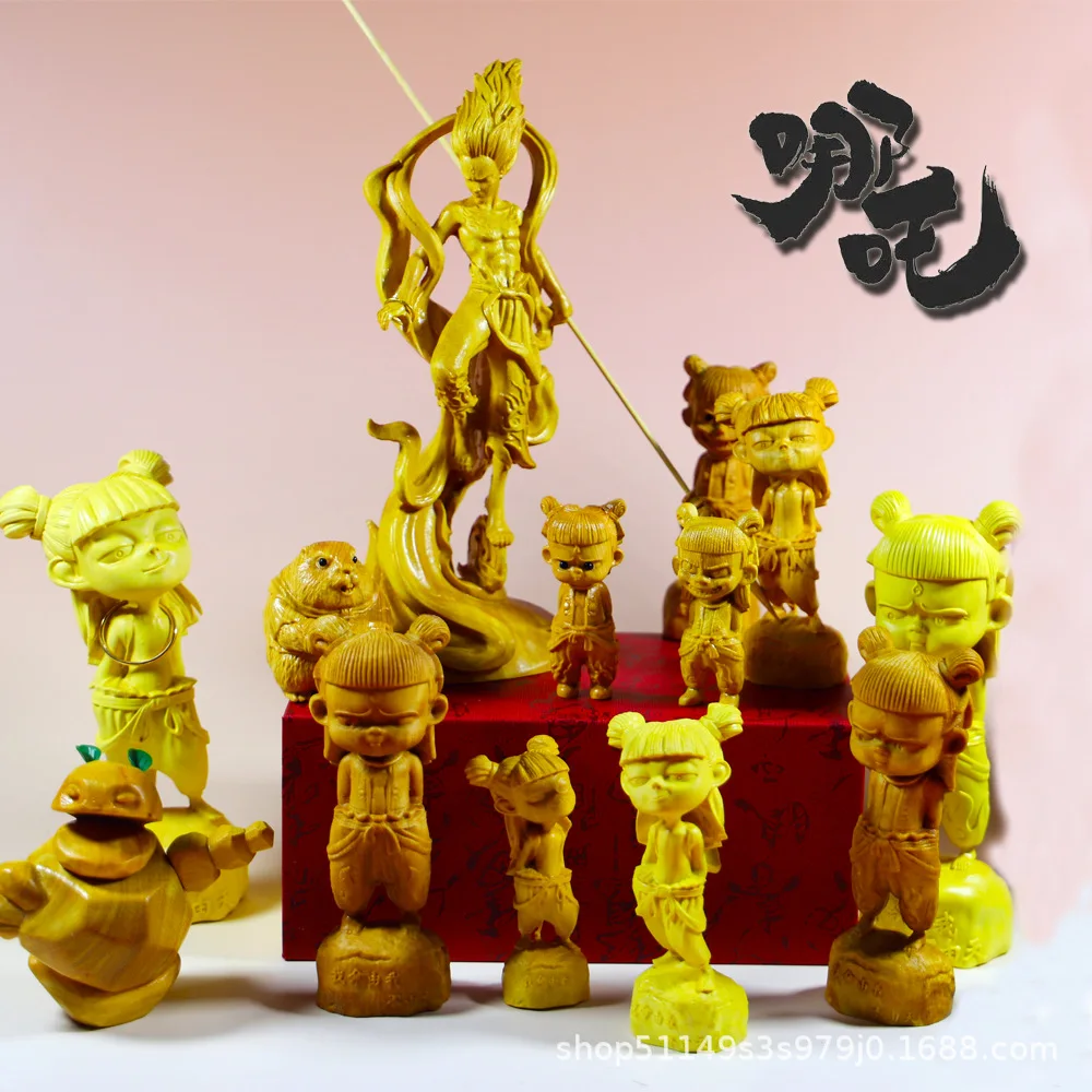 Golden Sandalwood Carved Nezha Ao Bing Taiyi Zhenren Hand Play Solid Wood Craft Cute Movie Peripheral Decor Gift Ornament