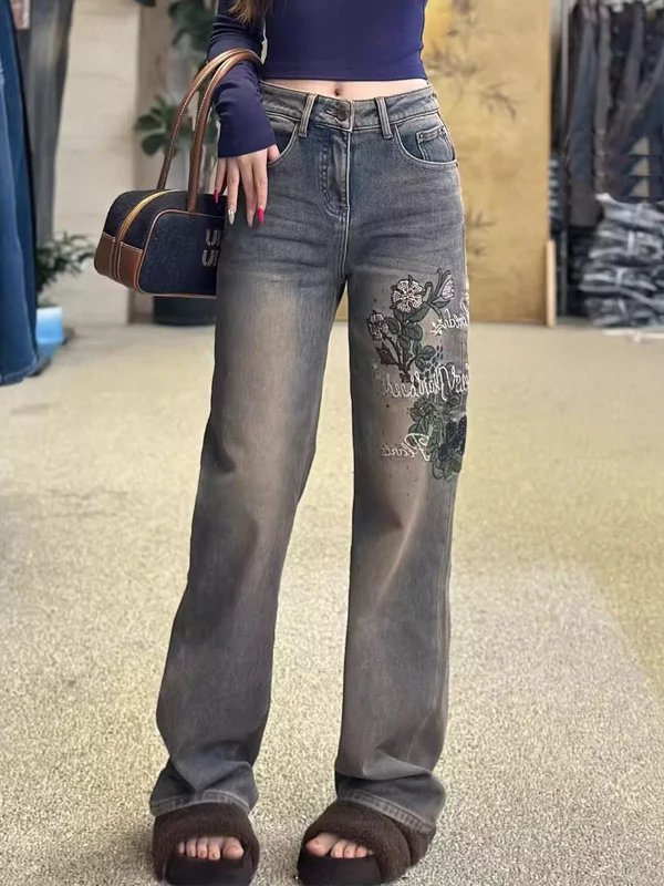 

Retro Heavy Embroidery Flower High Waist Denim Pants Women's Straight Leg Wide Leg Pants Spring Autumn New Sle Casual Multi...
