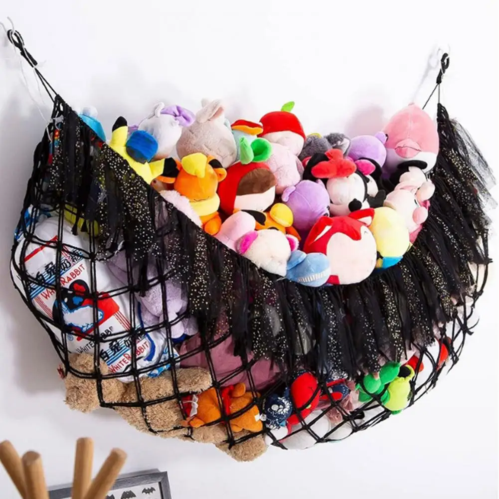 Children Toy Storage Bag Wall-mounted Plush Toy Hammock with String Light Tassels Capacity Toy Net Bag for Playroom Storage