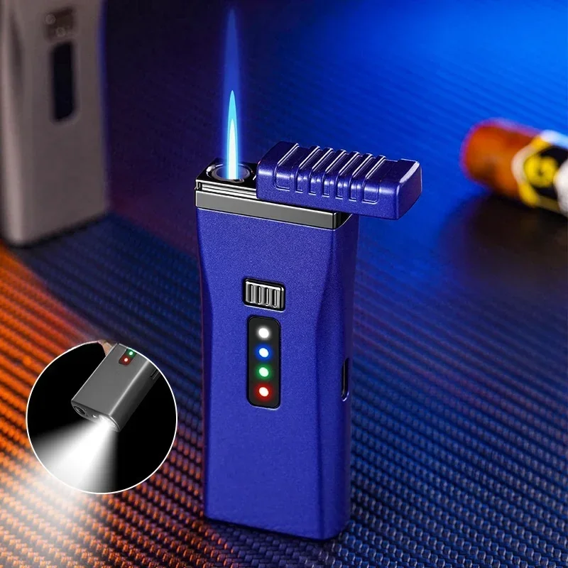 

Zinc Alloy Arc Ignition Windproof Jet Blue Flame Butane Gas Torch Lighter Outdoor Strong Lighting Power Display Electric Lighter