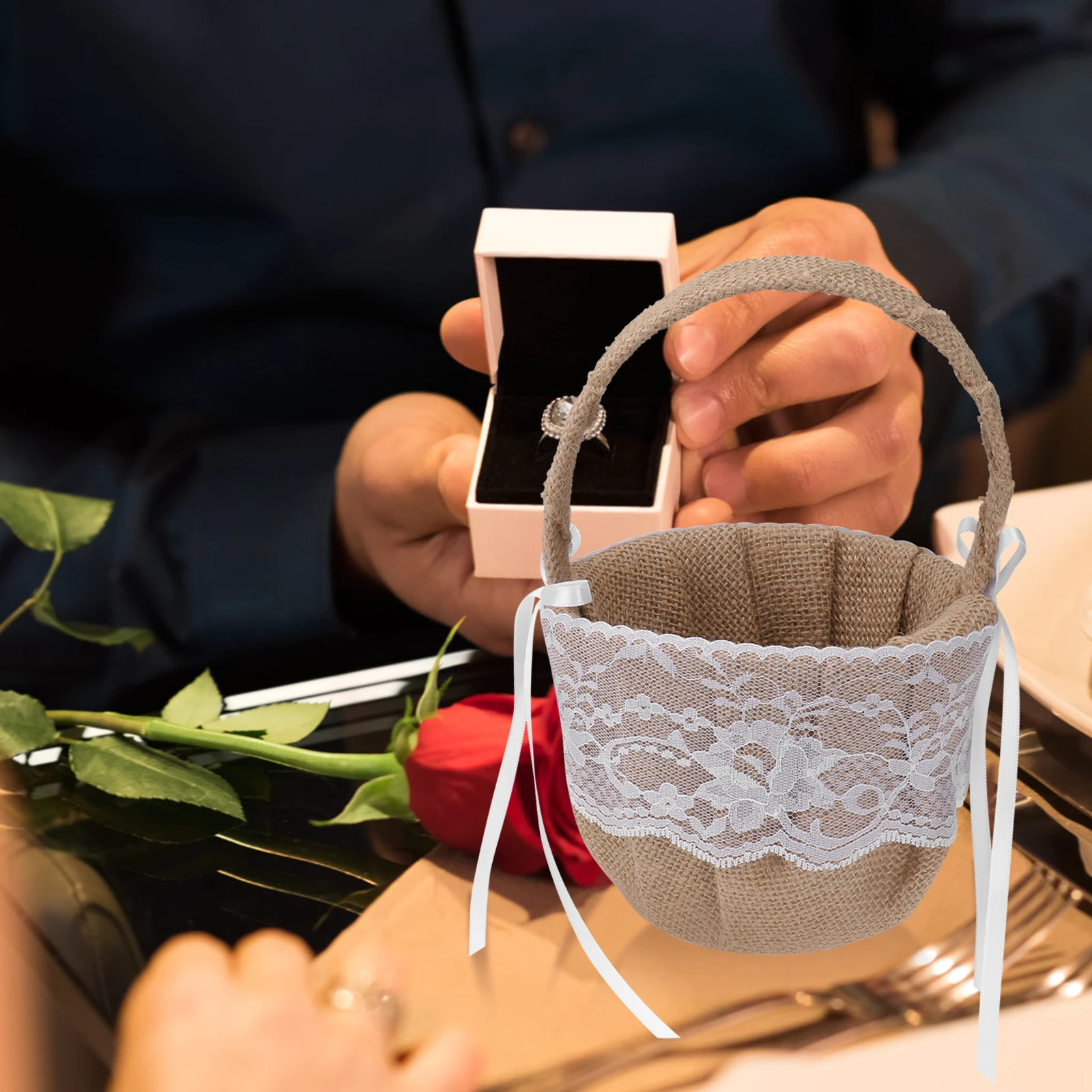 

Linen Ring Pillow with Elegant Lace Decoration for Wedding Ceremony Bridal Ring Bearer Cushion Pocket Flower Basket