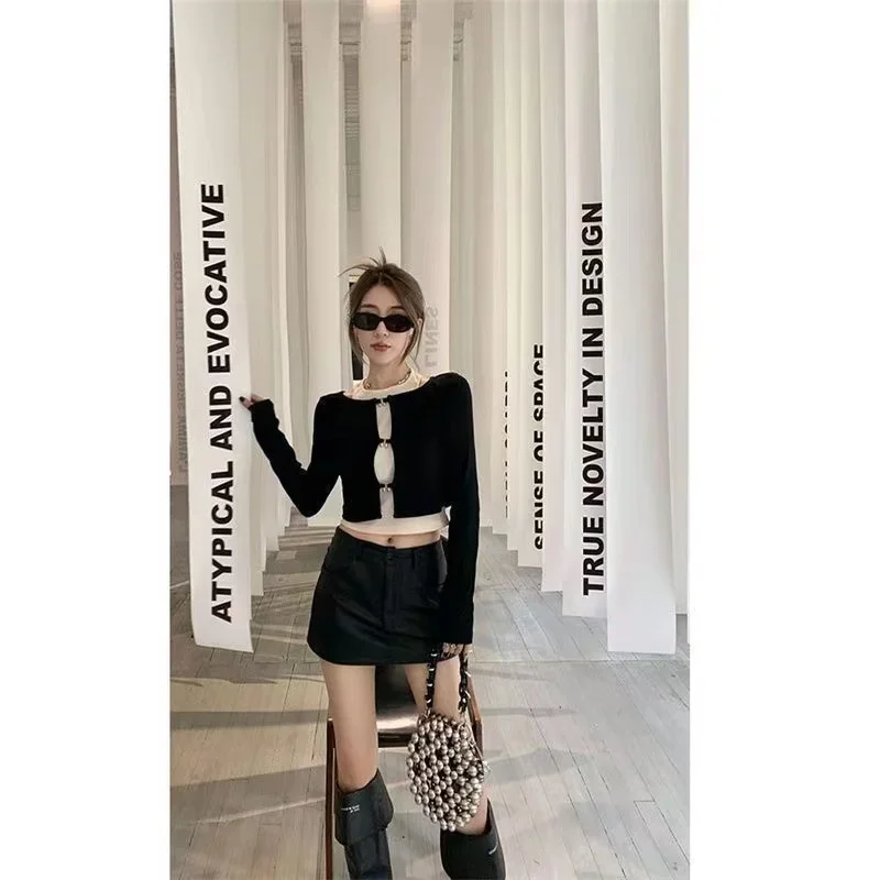 Crop Top Women 2 Pieces Set Long Sleeve T Shirt Tank Top Sexy Hollow Out Y2k Tshirt Streetwear Tee Korean Reviews Many Clothes
