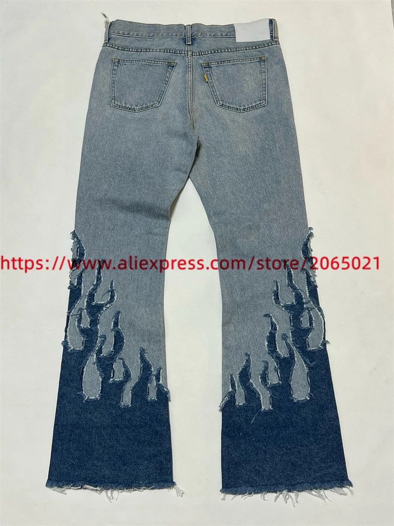 Patchwork Flame Tassels Jeans Men Women 1:1 Best Quality Loose Casual Washed Denim Pants