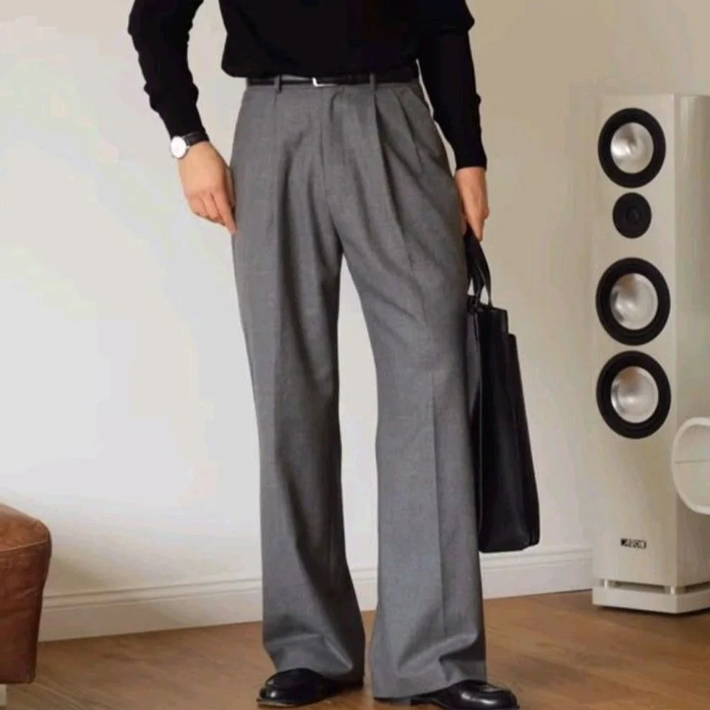 

Mens Pleated Trousers Blend Mid Waist Casual Wide Leg Pure Color Pants Comfortable Breathable Business Casual Office Wear Men Pa