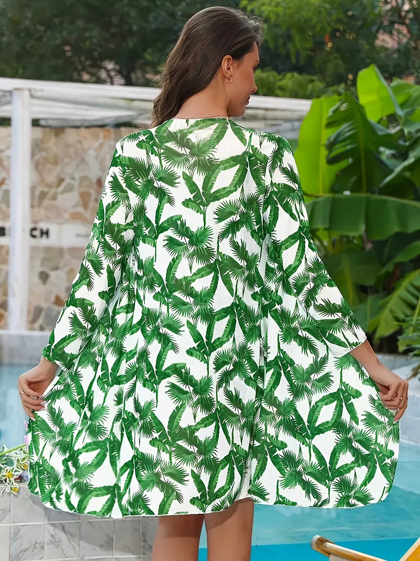 2026 New Green Leaf Print Swimwear Set, Ruched Cami + Shorts + Sun Protection Kimono view 6