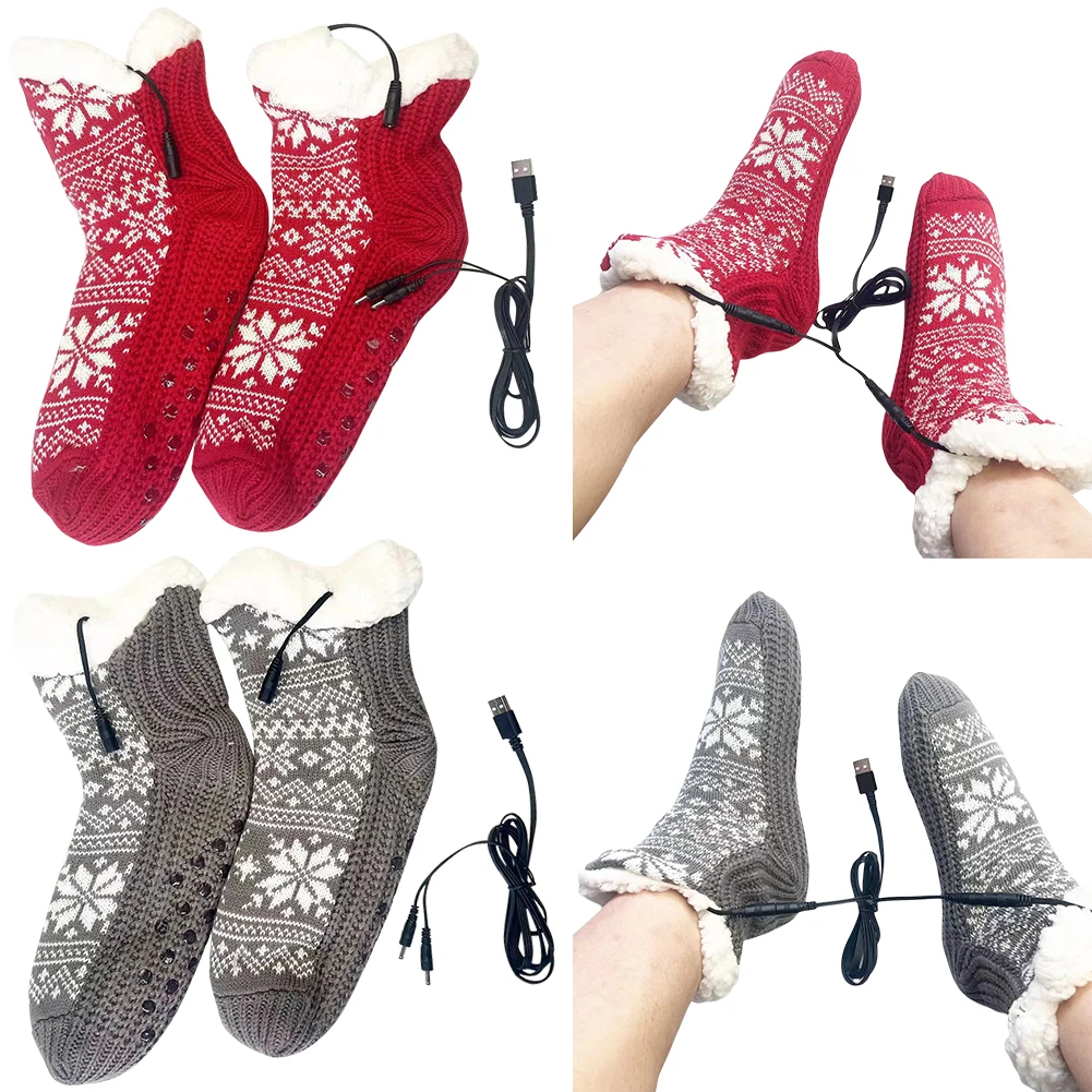 USB Heated Plush Floor Socks Non Slip Fluffy Slipper Socks Cozy Bed Slippers Carpet Socks for Christmas