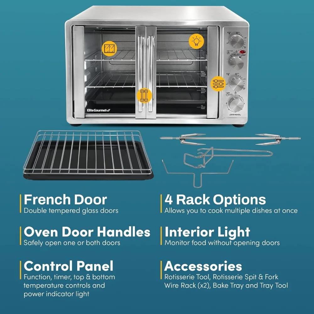 Pintu Prancis 47.5Qt, Oven konveksi 18 potongan 4 kontrol, panggang Broil panggang Rotisserie tetap hangat, termasuk