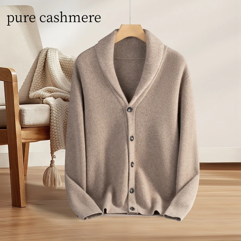 

Men's 100% Pure Cashmere Cardigan Qingguo Collar Knitted Sweater Autumn Winter Thick Warm Business Casual Soft Comfortable Jacke