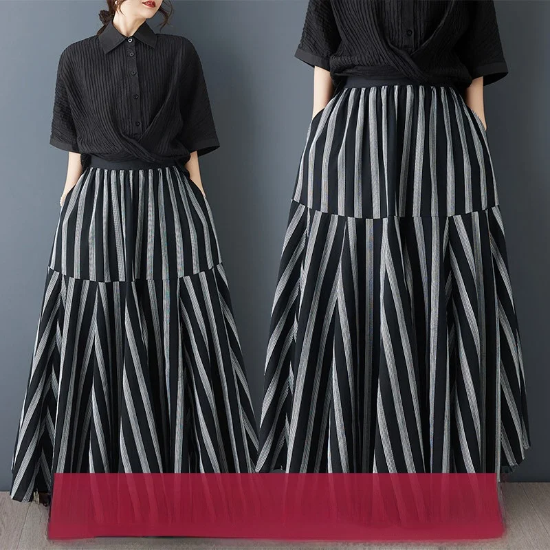 

Новая весенне-летняя свободная юбка в стиле ретро с художественным принтом в виде полосок, асимметричная, с лоскутным шитьем, двухслойная, универсальная, тонкая модель