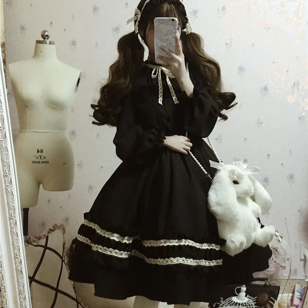 

Cute Women's Lolita OP Dress Flouncing Lace Trim Japanese Harajuku Long Sleeves Doll Dress Fairy Vestidos Casual Lolita