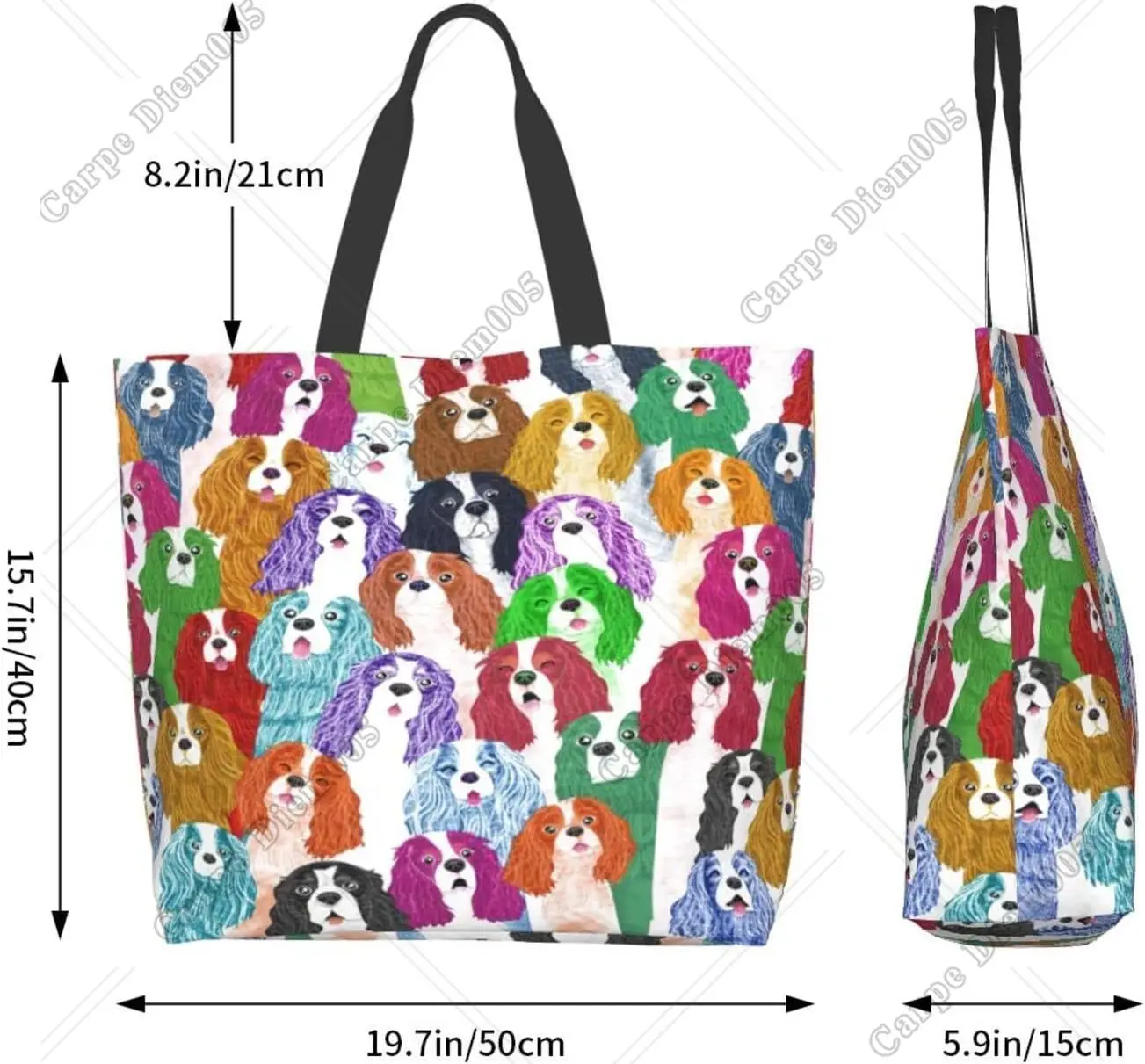 Sac fourre-tout coloré King Charles Spaniel Cartoon, sac à provisions décontracté, sacs réutilisables avec chien imprimé initié, chiot Kawaii mignon