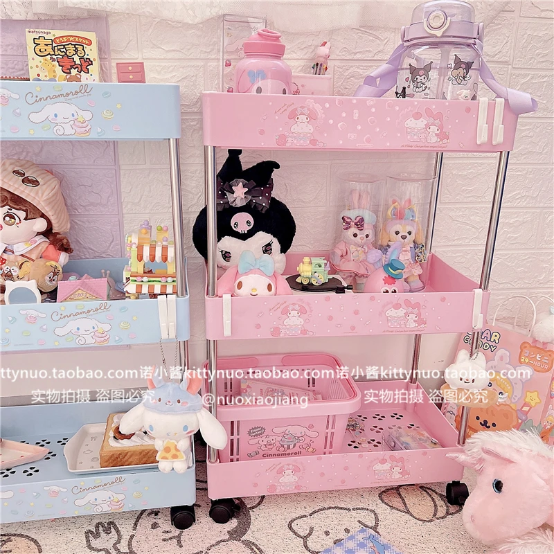 Kawaii Kt My Melody Cinnamoroll Cartoon Three-Tier Wheeled Rack Anime Sanrioed Girl Heart Floor Trolley Storage Rack Mobile