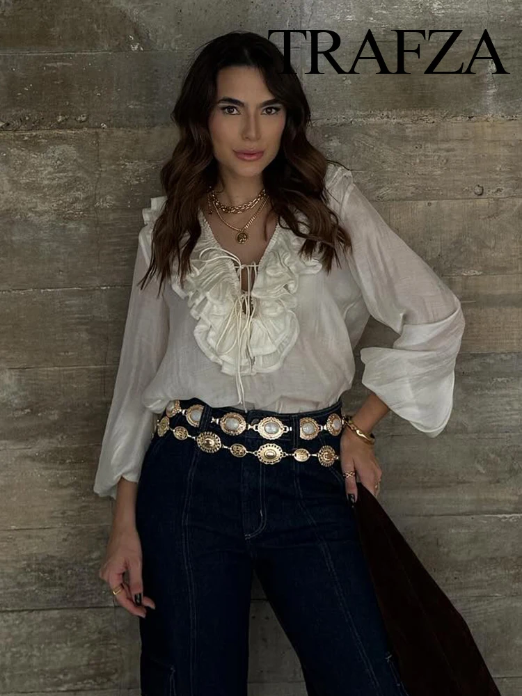 TRAFZA Women Elegant Casual Shirts Solid V-Neck Lantern Long Sleeves Tierred Decorate Lace-Up Top Female Fashion Blouses Shirts