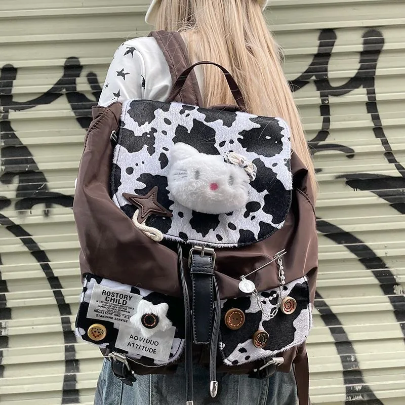 

Xiuya Y2k Womens Backpack Hello Kitty Cow Print Fashion Cute Casual Backpacks Button Vintage Kawaii Original New Aesthetic Bags