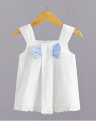Sweet and cute Western style halter blue striped bow single breasted breathable comfortable skin friendly thin shirt for girls