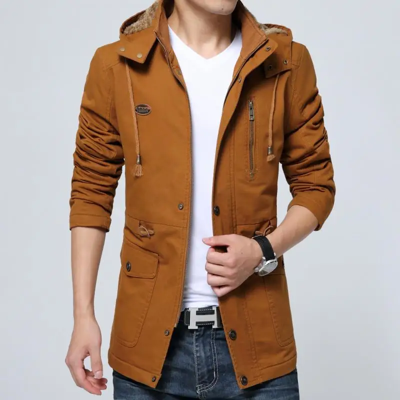 Casual Loose Autumn Winter Men Trench Coat Fashion Hooded Windproof Windbreakers Pockets Zipper Men Jackets M-5Xl Streetwear