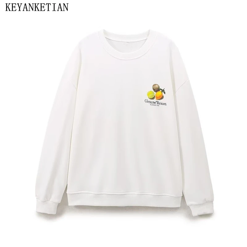 KEYANKETIAN 2024 Autumn New Women's Fruit Print Sweatshirts Pullover Leisure style Screw Thread O-Neck Oversize Loose Hoodies