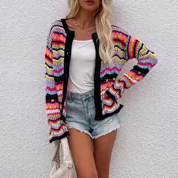 Striped Sweater Women's 2023 Autumn and Winter New Loose Rainbow Casual Open Hollow Knitted Shirt Women's Cardigan