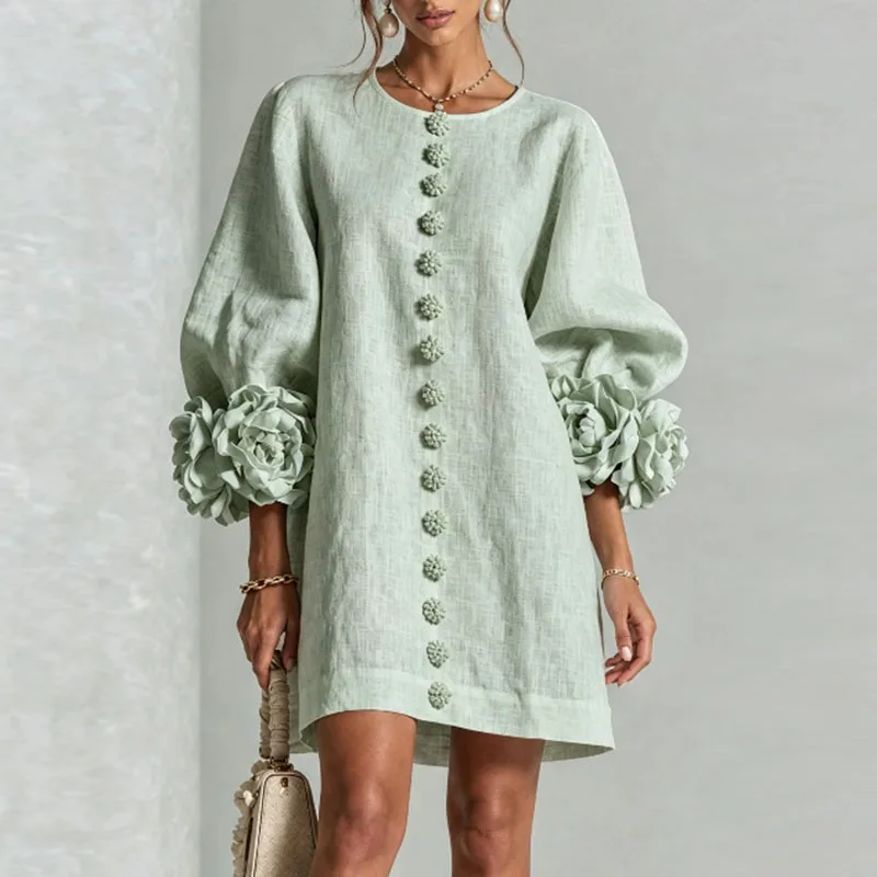Elegante, schlichte Kleider für Damen, Rundhalsausschnitt, Laternenärmel, 3D-Blumenmanschette, dekorative Knöpfe, lockeres, kurzes Kleid, lässiges Streetwear-Kleid