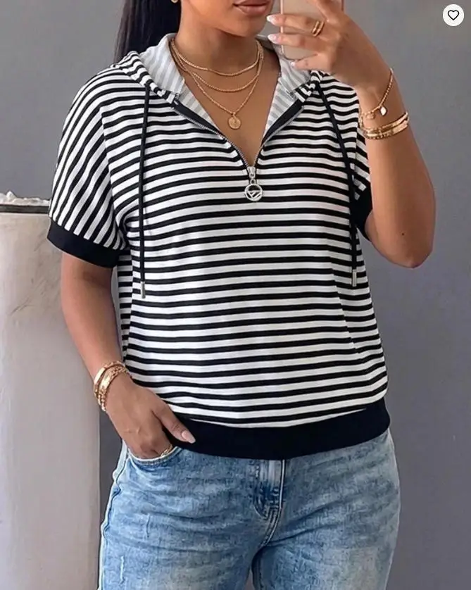 Women's Fashion Striped Half Zip Drawstring Hoodie Short Sleeve Sweatshirt 2026 New Loose Contrast Trim Casual Pullover Top