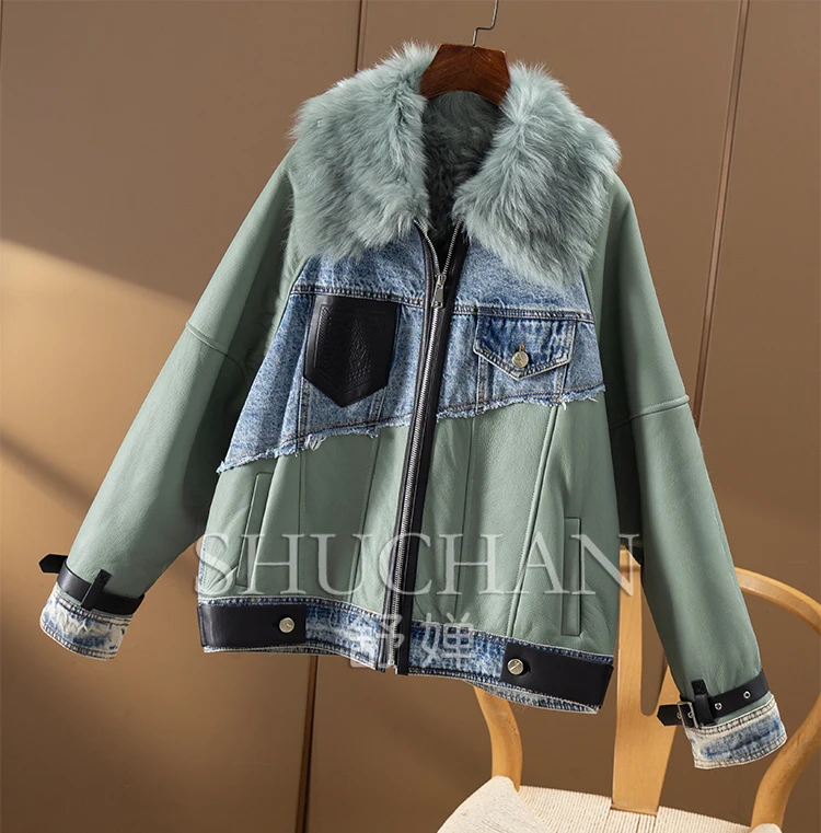 Italy Tuscany Sheepskin Patchwork Denim Leather Jacket 90 Down Jacket Women Casacos Femininos Inverno 2024